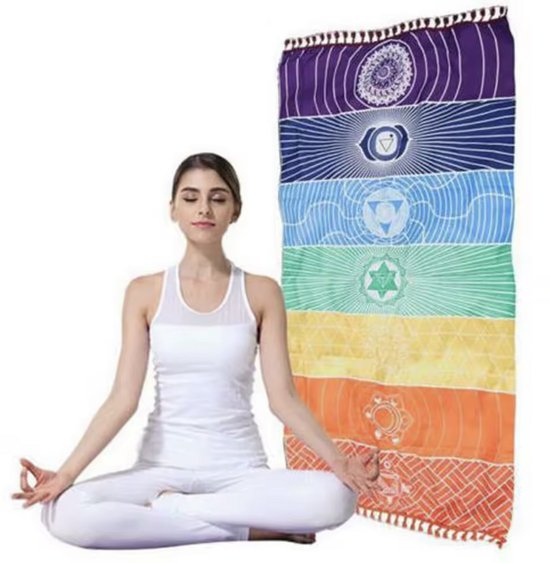 Meditatie kleed - Regenboog chakra deken - Regenboog- Meditatie-Yoga doek met 7-Chakra-symbolen - 150/70CM - Stranddoek - Handdoek - CHPN van Merkloos