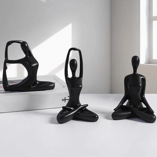 Meditatie Yoga Beeldjes - Zen Beeldjes - Boekenplank Decoratie - Set van Drie - 10x10x15 cm - Zwart van Merkloos
