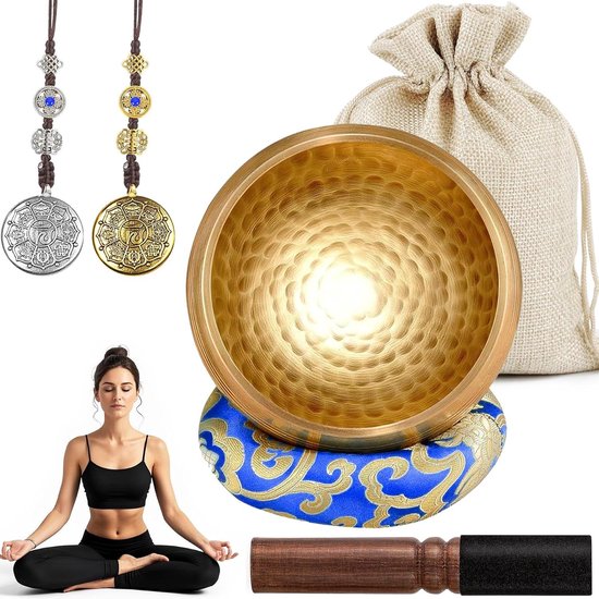 Meditatie Zingende Kommen voor Hart Chakra - Handgeslagen - Set met Klopper en Kussen van Merkloos