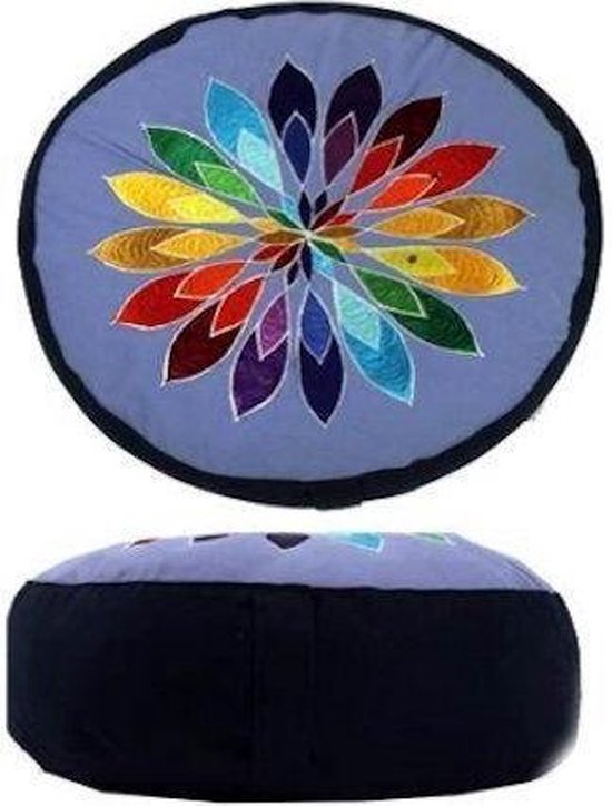 Meditatiekussen blauw bloem geborduurd - Katoen - Boekweit - 33x17 - Blauw - Meerkleurig van Yogi & Yogini