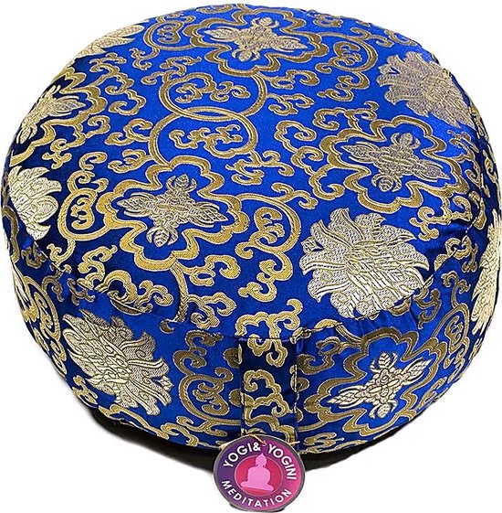 Meditatiekussen blauw lotus patroon - 33x17 - Boekweit - Katoen - Blauw - Goud - L