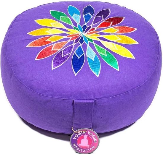 Meditatiekussen violet bloem geborduurd - Katoen - Boekweit - 33x17 - Violet - Meerkleurig - M van Yogi & Yogini
