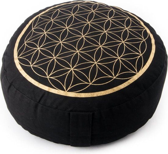 Meditatiekussen zwart/goud levensbloem opdruk - Katoen - Boekweit - 33x17 - Zwart - Goud van Yogi & Yogini