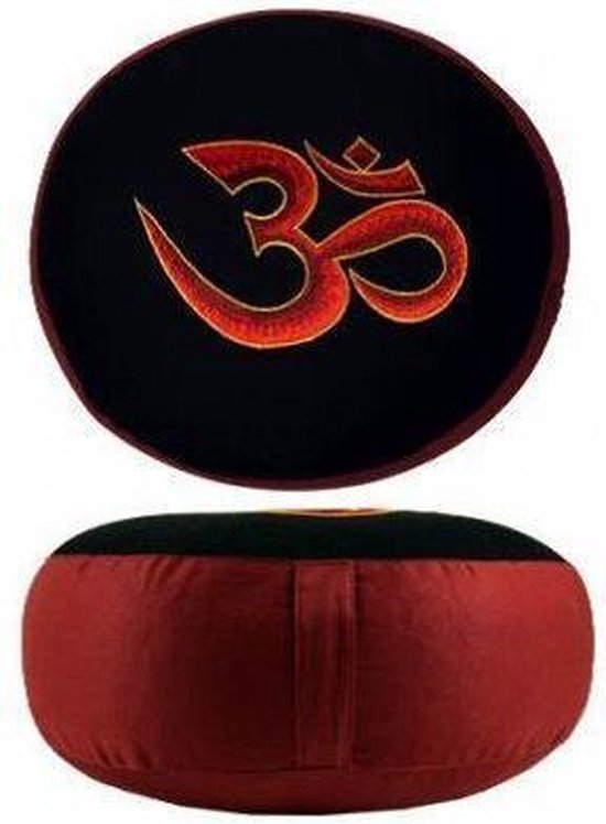 Meditatiekussen zwart/rood OHM geborduurd - Katoen - Boekweit - 33x17 - Zwart - Rood van Yogi & Yogini