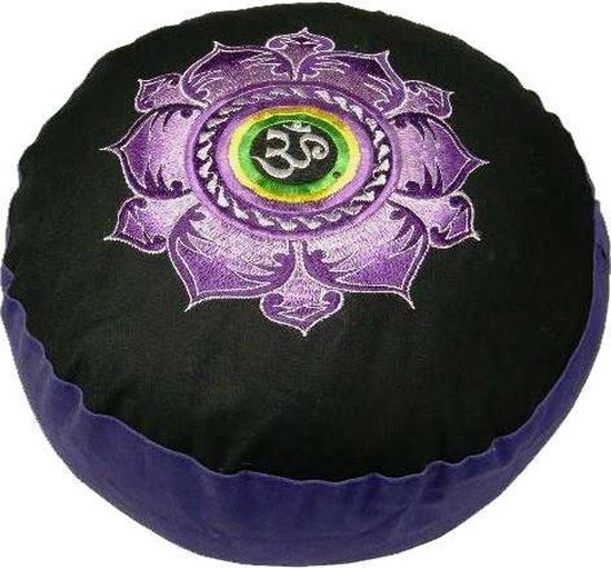 Meditatiekussen zwart/violet lotus & OHM geborduurd (33x17 cm) van Yogi & Yogini