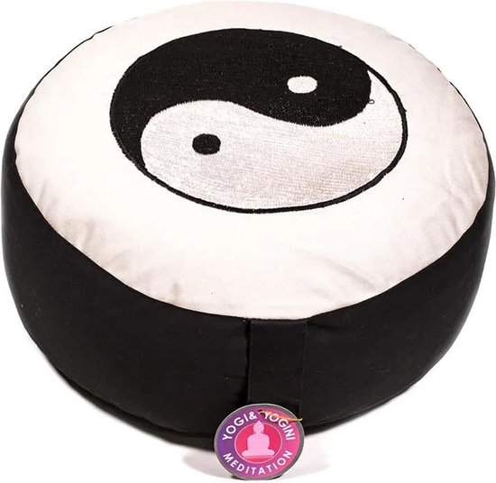 Meditatiekussen zwart/wit Yin Yang geborduurd - Katoen - Boekweit - 33x17 - Zwart - Wit van PureShape