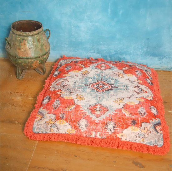 Meditatiekussenhoes - 65 cm met franjes - Vierkant bedrukt Boho Chic vloerkussenhoes van katoen van Merkloos