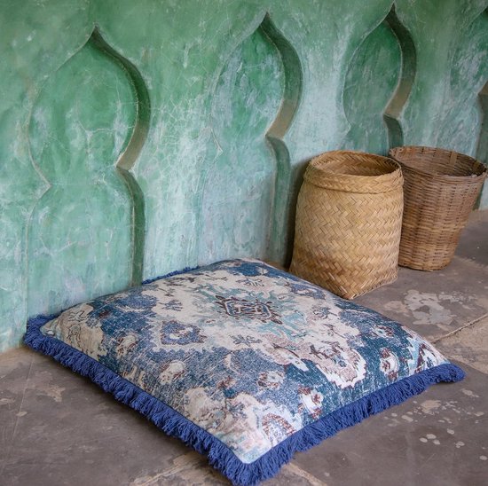 Meditation Cushion Cover - 65 cm with Fringes - Square Printed Boho Chic Floor Cushion Cover Cotton van Deco Home