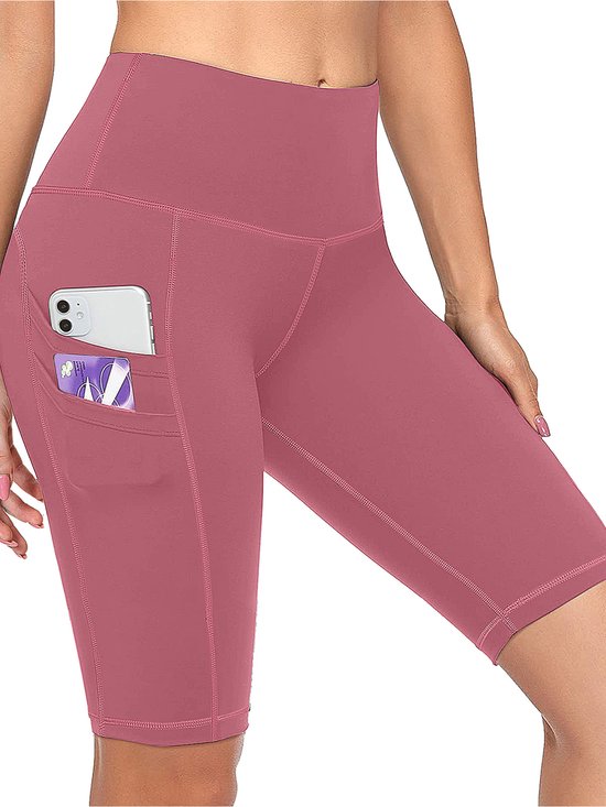 MEETYOO Dames Fitness short - Fitness legging - Sportshort - Sportlegging - Sportkleding - Yogashort - Yogalegging- met zakken-Roze-L van MEETYOO