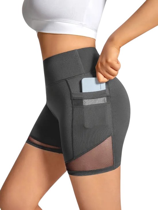 MESHFLEX Stijlvolle Dames Short - Met Handige Zakken - Mesh Panelen - Stijlvol & Comfortabel - Pocket Shorts - Hoge Taille - Ademend & Rekbaar - Mesh Details - Grijs - Maat XL van Merkloos