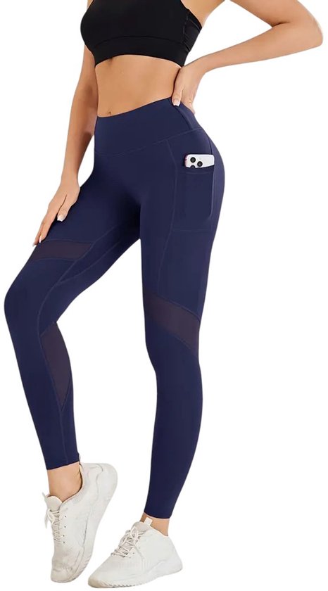 MESHMOTION Pocket Legging - Ademend - Dames - Sportlegging - Vrouwen - High Waist - Yoga - Broek - Mesh panelen - Telefoon Zakken - Fitness - Atletisch - Comfortabel - Blauw - Maat L van Merkloos