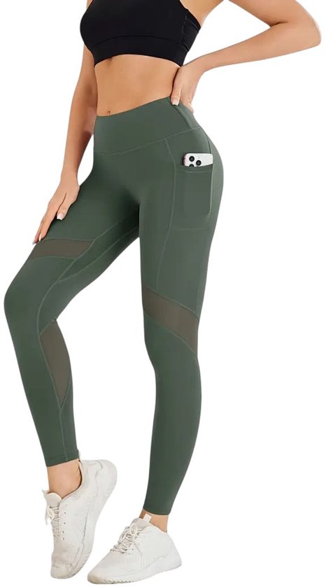 MESHMOTION Pocket Legging - Ademend - Dames - Sportlegging - Vrouwen - High Waist - Yoga - Broek - Mesh panelen - Telefoon Zakken - Fitness - Atletisch - Comfortabel - Groen - Maat S van MESHMOTION