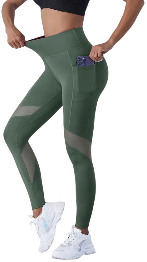 MESHMOTION Pocket Legging - Ademend - Dames - Sportlegging - Vrouwen - High Waist - Yoga - Broek - Mesh panelen - Telefoon Zakken - Fitness - Atletisch - Comfortabel - Groen - Maat XL van Merkloos