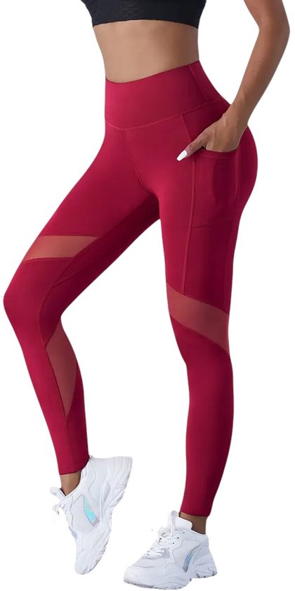 MESHMOTION Pocket Legging - Ademend - Dames - Sportlegging - Vrouwen - High Waist - Yoga - Broek - Mesh panelen - Telefoon Zakken - Fitness - Atletisch - Comfortabel - Rood - Maat L van MESHMOTION