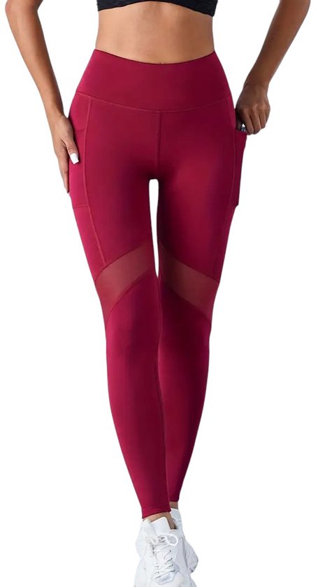 MESHMOTION Pocket Legging - Ademend - Dames - Sportlegging - Vrouwen - High Waist - Yoga - Broek - Mesh panelen - Telefoon Zakken - Fitness - Atletisch - Comfortabel - Rood - Maat M van MESHMOTION
