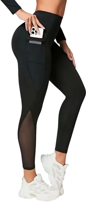 MESHTONE Stijlvolle Sportlegging met Zakken - Mesh Detail - Pocket Legging - Hoog Elastisch – Stijlvol - Comfortabel - Handig - Legging met Zakken - Mesh Paneel - Ademend - Yoga, Fitness & Hardlopen - Zwart - Maat XXL van Merkloos