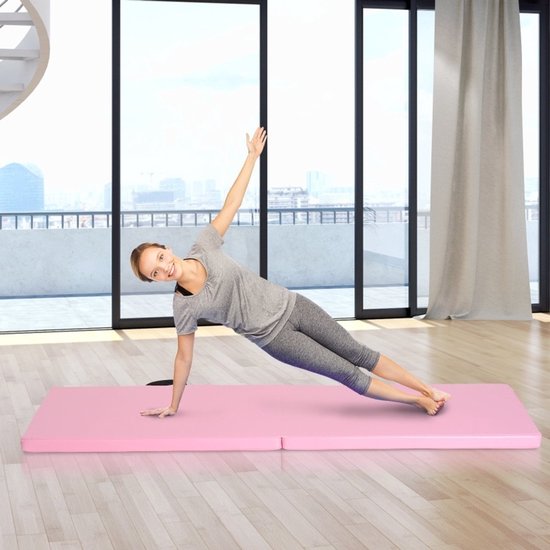 MEUNIQ opvouwbare yogamat 180 x 60 x 5 cm met handgrepen, antislip trainingsmat met EPE-schuim voor yoga, pilates, gymnastiek en fitness, roze