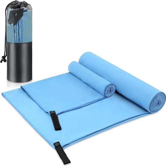 Microvezel handdoek, 2 sets, handgezichtsdoek voor mannen en vrouwen, sneldrogende microvezeldoeken voor sport, yoga, fitnessstudio, reizen, strand, 180 x 60 cm + 80 x 40 cm (blauw1) van Zuppels