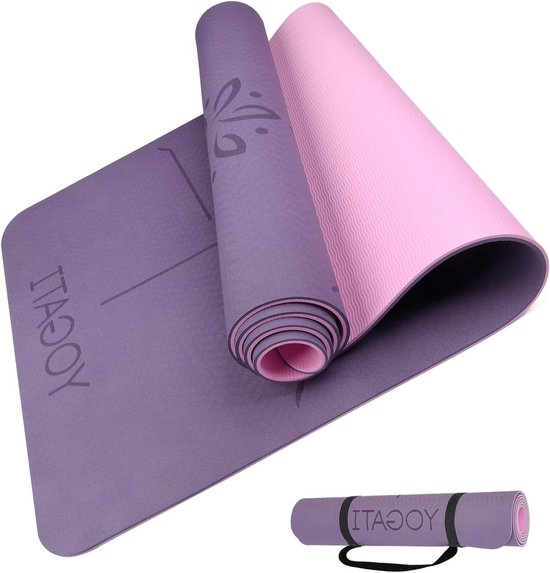 - Milieuvriendelijke yogamat met body alignment lines - TPE non-slip en extra dik - Perfecte Pilates mat voor workout oefeningen in de gym en fitness van Merkloos