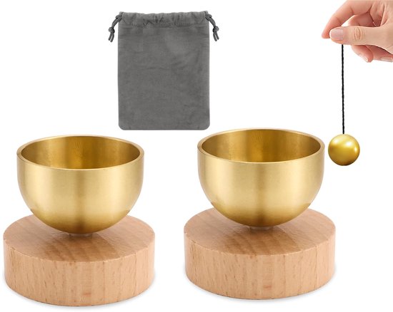 Mini messing klankschaalset - 2 stuks - Klank Schaal - Mini klankschaalset - met messing bel - handgemaakte kleine Tibetaanse klankschaal - 3-in-1 meditatietool - Geschikt voor geluidstherapie - aromatherapie en mindfulness - Mooie cadeaus van Serenidad.