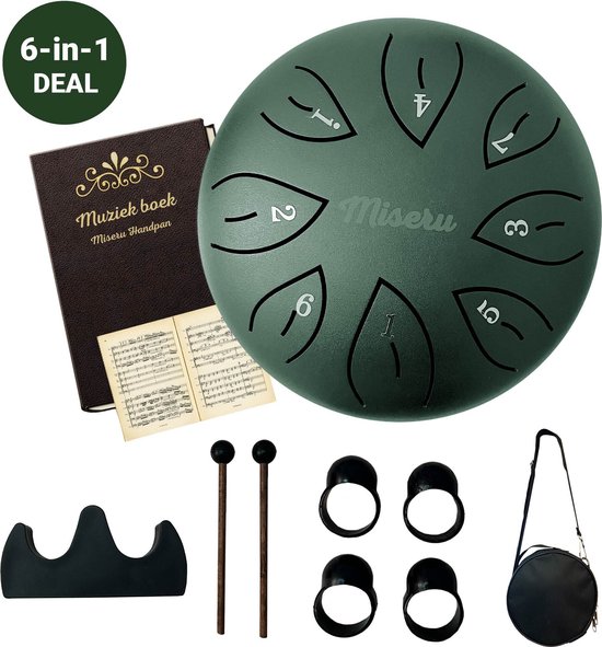 Miseru Handpan Groen - 6 IN 1 DEAL - Tonguedrum - Drum met Muziekboek - Klankschaal - Lotus drum - Steel Tonguedrum - Muziektherapie -16 cm van Merkloos