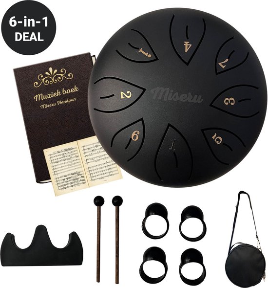 Miseru Handpan Zwart - 6 IN 1 DEAL - Tonguedrum - Drum met Muziekboek - Klankschaal - Lotus drum - Steel Tonguedrum - Muziektherapie -16 cm