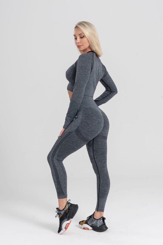 Mives® Sportlegging en Top - Yoga - Fitness set - Scrunch Butt - Dames Legging - Sportkleding - Fashion legging - Broeken - Gym Sports - Legging Fitness Wear - High Waist - GRIJS - maat M - LANGE MOUW van Mives®