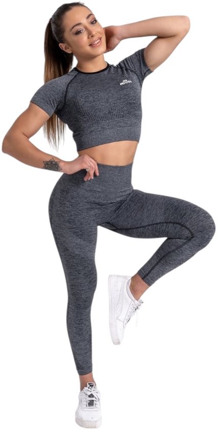 Mives® Sportlegging en Top - Yoga - Fitness set - Scrunch Butt - Dames Legging - Sportkleding - Fashion legging - Broeken - Gym Sports - Legging Fitness Wear - High Waist - GRIJS - maat S - KORTE MOUWEN