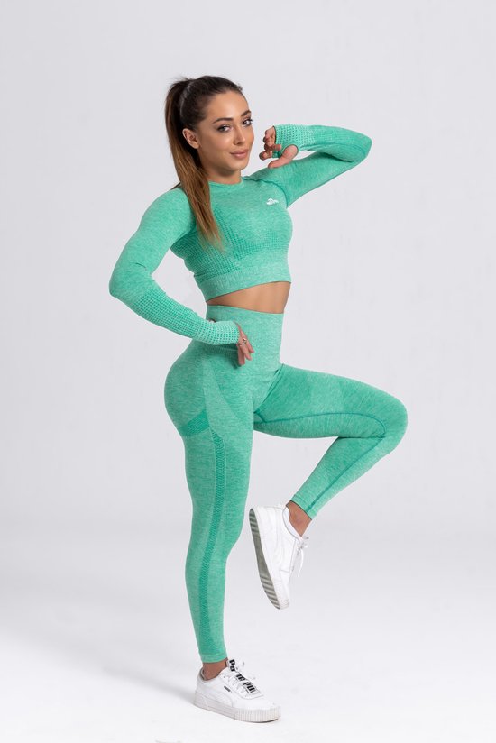Mives® Sportlegging en Top - Yoga - Fitness set - Scrunch Butt - Dames Legging - Sportkleding - Fashion legging - Broeken - Gym Sports - Legging Fitness Wear - High Waist - GROEN - maat L - LANGE MOUW van Mives®