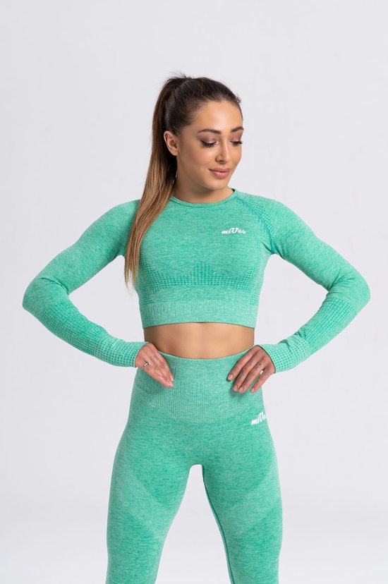 Mives® Sportlegging en Top - Yoga - Fitness set - Scrunch Butt - Dames Legging - Sportkleding - Fashion legging - Broeken - Gym Sports - Legging Fitness Wear - High Waist - GROEN - maat M - LANGE MOUW van Mives®
