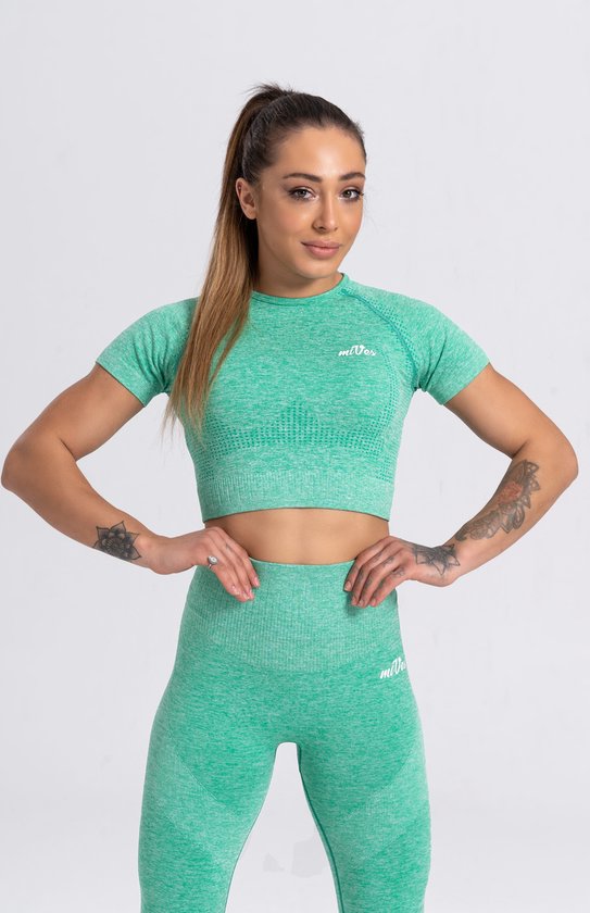 Mives® Sportlegging en Top - Yoga - Fitness set - Scrunch Butt - Dames Legging - Sportkleding - Fashion legging - Broeken - Gym Sports - Legging Fitness Wear - High Waist - GROEN - maat S - KORTEMOUWEN van Mives®