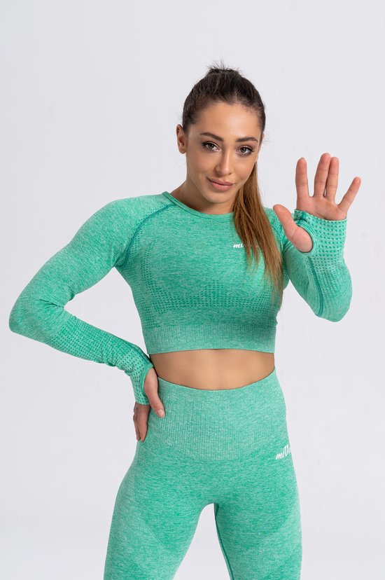 Mives® Sportlegging en Top - Yoga - Fitness set - Scrunch Butt - Dames Legging - Sportkleding - Fashion legging - Broeken - Gym Sports - Legging Fitness Wear - High Waist - GROEN - maat S - LANGE MOUW van Mives®