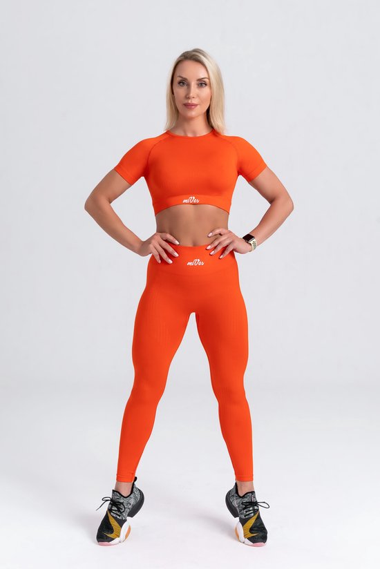 Mives® Sportlegging en Top - Yoga - Fitness set - Scrunch Butt - Dames Legging - Sportkleding - Fashion legging - Broeken - Gym Sports - Legging Fitness Wear - High Waist - ORANJE- maat S - KORTE MOUWEN van Mives®