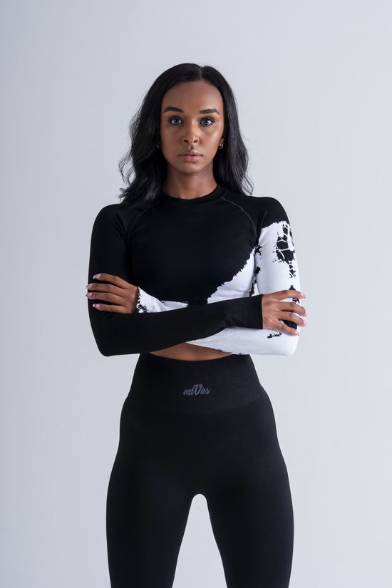 Mives® Sportlegging en Top - Yoga - Fitness set - Scrunch Butt - Dames Legging - Sportkleding - Fashion legging - Broeken - Gym Sports - Legging Fitness Wear - High Waist - ZWART BATIK - maat S - LANGEMOUW van Mives®