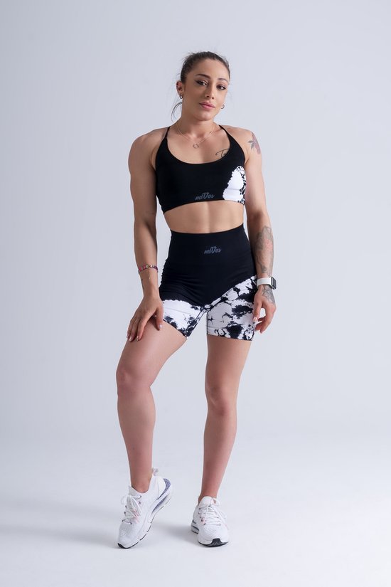 Mives® Sportlegging en Top - Yoga - Fitness set - Scrunch Butt - Dames Legging - Sportkleding - Fashion legging - Broeken - Gym Sports - Legging Fitness Wear - High Waist - ZWART BATIK - maat S -SHORT & BRA van Mives®