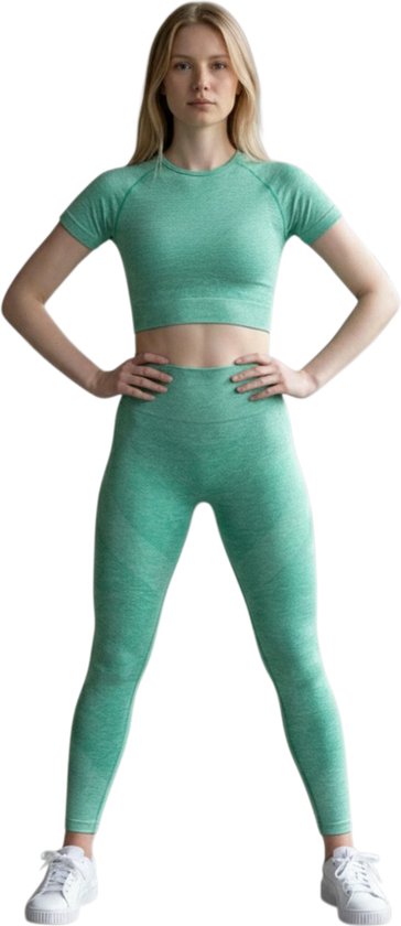 Mives® Sportlegging en Top - Yoga - Fitness set - Scrunch Butt - Dames Legging - Sportkleding - Fashion - Sport Broeken - Gym Sports - Fitness Wear - High Waist - GROEN - maat M - KORTE MOUWEN