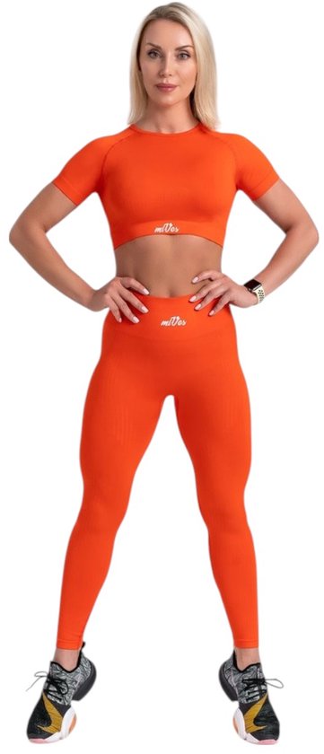 Mives® Sportlegging en Top - Yoga - Fitness set - Scrunch Butt - Dames Legging - Sportkleding - Fashion - Sport Broeken - Gym Sports - Fitness Wear - High Waist - ORANJE- maat M - KORTE MOUWEN van Merkloos