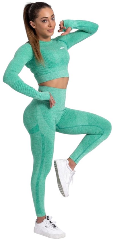 Mives® Sportlegging en Top - Yoga - Fitness set - Scrunch Butt - Dames sportkleding - Fashion legging - Sport Broeken - Gym Sports - Legging Fitness Wear - High Waist - GROEN - maat S - LANGE MOUW