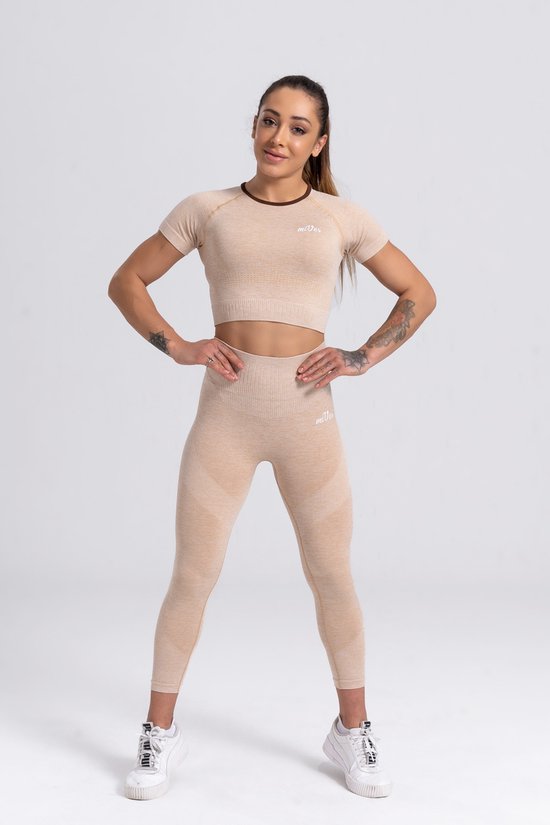 Mives® Sportlegging en Top - yoga-outfit - Fitness set - Scrunch Butt - Dames Legging - Sportkleding - Fashion legging - Broeken - Gym Sports - Legging Fitness Wear - High Waist - BEIGE - maat L - KORTE MOUWEN van Mives®