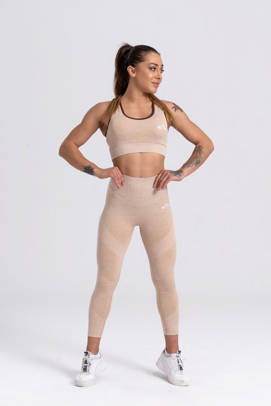 Mives® Sportlegging en Top - yoga-outfit - Fitness set - Scrunch Butt - Dames Legging - Sportkleding - Fashion legging - Broeken - Gym Sports - Legging Fitness Wear - High Waist - BEIGE - maat M - BRA van Mives®