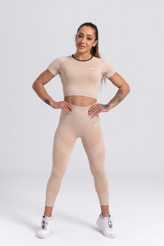 Mives® Sportlegging en Top - yoga-outfit - Fitness set - Scrunch Butt - Dames Legging - Sportkleding - Fashion legging - Broeken - Gym Sports - Legging Fitness Wear - High Waist - BEIGE - maat S - KORTE MOUWEN van Mives®