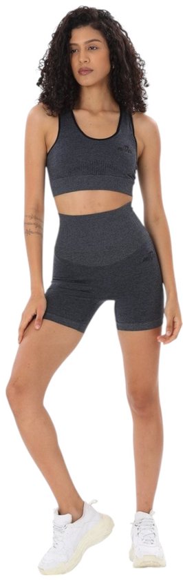 Mives® Sportlegging en Top - yoga-outfit - Fitness set - Scrunch Butt - Dames Legging - Sportkleding - Fashion legging - Broeken - Gym Sports - Legging Fitness Wear - High Waist - GRIJS - maat L - SHORT & BRA van Mives®