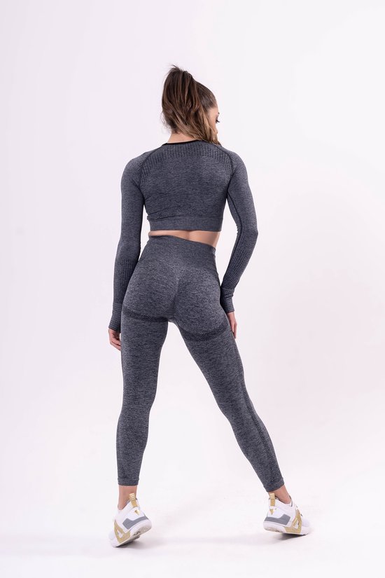 Mives® Sportlegging en Top - yoga-outfit - Fitness set - Scrunch Butt - Dames Legging - Sportkleding - Fashion legging - Broeken - Gym Sports - Legging Fitness Wear - High Waist - GRIJS - maat S - LANGE MOUW van Mives®