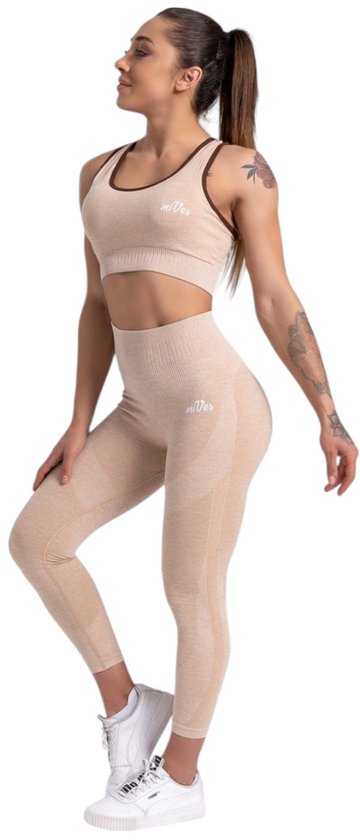 Mives® Sportlegging en Top - yoga-outfit - Fitness set - Scrunch Butt - Dames Legging - Sportkleding - Fashion legging - Sport Broeken - Gym Sports - Fitness Wear - High Waist - BEIGE - maat XS - BRA