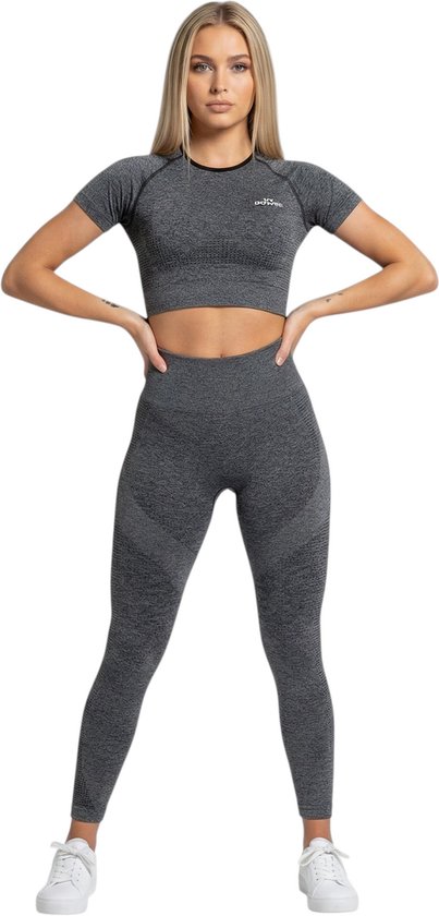 Mives® Sportlegging en Top - yoga-outfit - Fitness set - Scrunch Butt - Dames Legging - Sportkleding - Fashion legging - Sport Broeken - Gym Sports - Fitness Wear - High Waist - GRIJS - maat S - KORTE MOUWEN van Merkloos