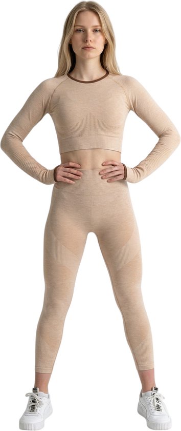 Mives® Sportlegging en Top - yoga-outfit - Fitness set - Scrunch Butt - Dames Legging - Sportkleding - Fashion - Sport Broeken - Gym Sports - Fitness Wear - High Waist - BEIGE - maat M - LANGE MOUW van Merkloos