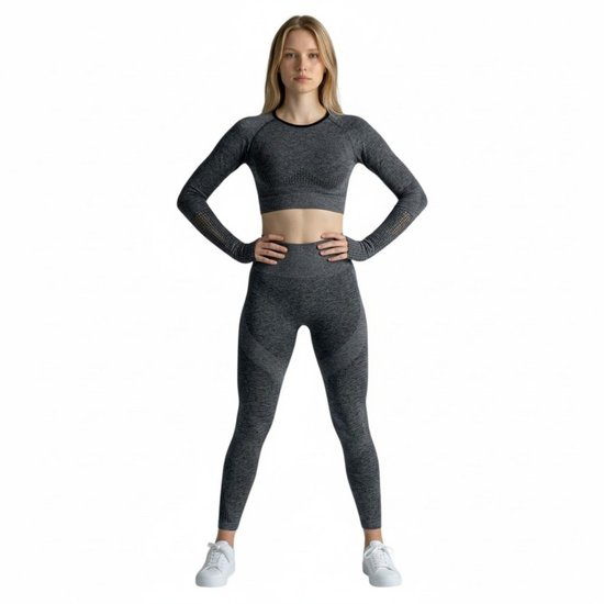 Mives® Sportlegging en Top - yoga-outfit - Fitness set - Scrunch Butt - Dames Legging - Sportkleding - Fashion - Sport Broeken - Gym Sports - Fitness Wear - High Waist - GRIJS - maat S - LANGE MOUW