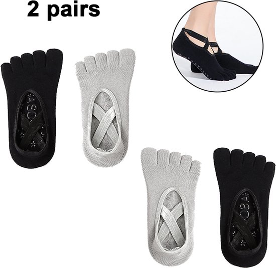 Mmgoqqt - Dames Anti-Slip Yoga Sokken - 2 Paren - Vijfvinger Model - Zwart + Grijs - Voor Yoga Pilates Ballett van Merkloos