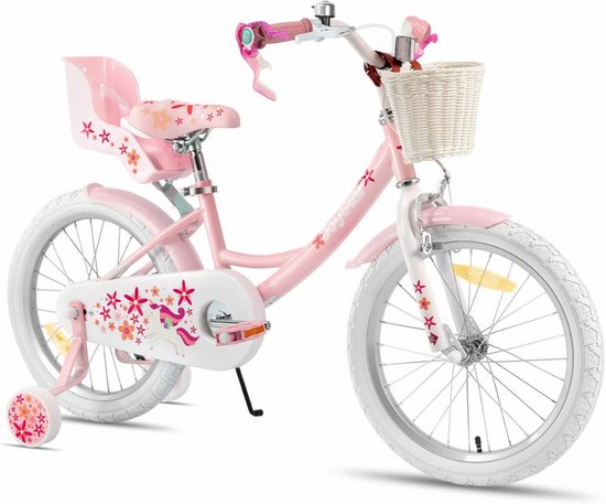 MMM® Kinderfiets 18 Inch - Kinderfiets 16 Inch - Fiets - voor Meisjes van 2 tot 7 jaar - met Poppenzitje, Steunwielen en Mandje- Roze - 102 cm x 50 cm x 22 cm van MMM®