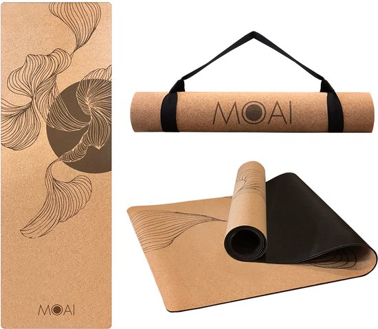 MOAI Yoga Mat - Inclusief draagriem / strap - Fitnessmat van natuurlijk Materiaal - 183x61 - Milieuvriendelijke Fitness Mat - Yoga Mat van 6 mm dik van Merkloos